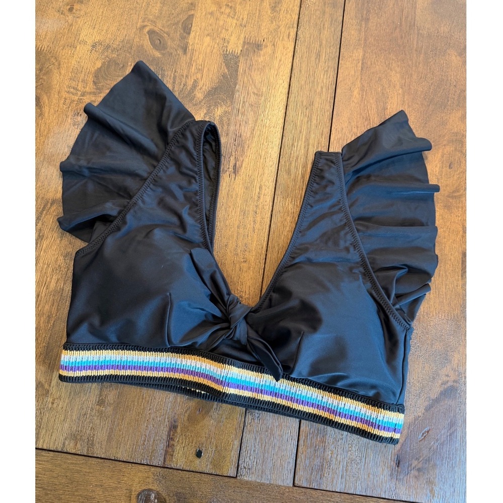 Blooming Jelly Bikini Top Black Ruffle Shoulder‎ Knot Front Multi Stripe Band XL